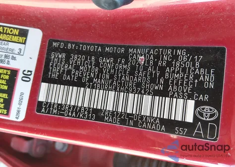 2017 Toyota Corolla Le from USA, damaged, VIN 2T1BURHEXHC937425